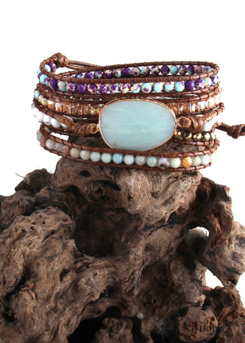 Boho Bracelet, RH 5 Layers Leather Wrap Bracelet, Natural Stones, Crystal Silver